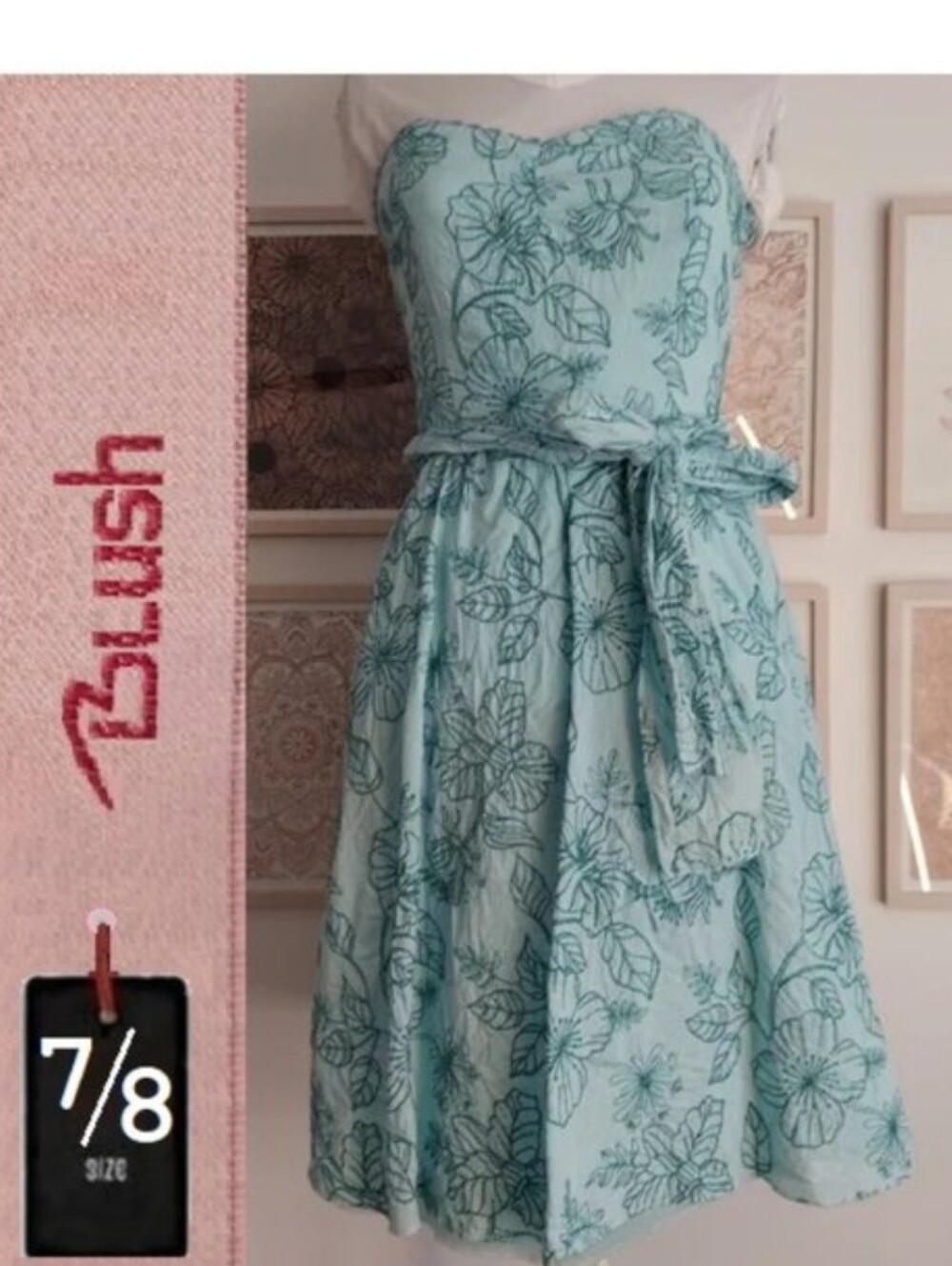 ⭐️ 5/$30. BLUSH strapless teal blue metallic dress,  size 7/8